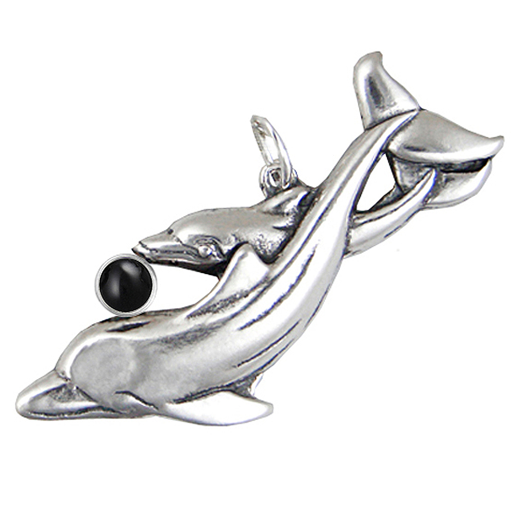 Sterling Silver Playful Dolphins Pendant With Black Onyx